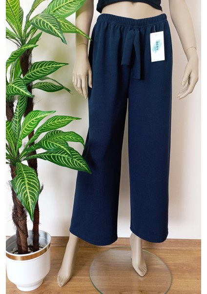 Kadın Lacivert Dökümlü Krep Kumaş Beli Lastikli Bol Paça Pantolon indirimleri
