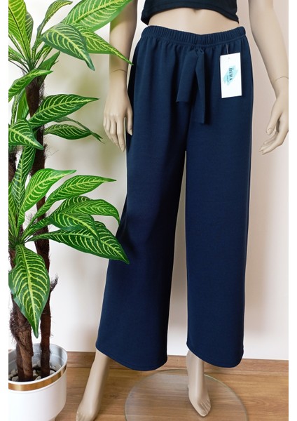 Kadın Lacivert Dökümlü Krep Kumaş Beli Lastikli Bol Paça Pantolon