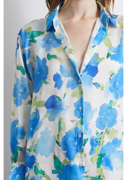 Çok Renkli Çiçek Desenli Gömlek Lacivert modelleri