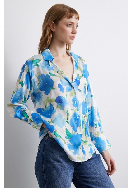 Çok Renkli Çiçek Desenli Gömlek Lacivert indirimleri