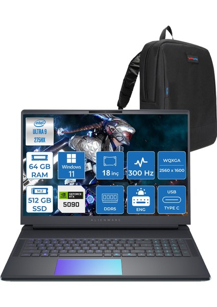 Alienware 18 Area-51 AA18250 Ultra 9 275HX Ddr5 64GB 512GB SSD 24GB/RTX5090 175W 18INÇ Wqxga 300Hz 500NITS WINDOWS11PRO Gaming Laptop AA1825090P25+ZETTAÇANTA