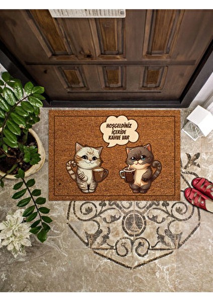 Kahve Içen Kediler Hoşgeldiniz Içeride Kahve Var Kapı Önü Paspası 45X65