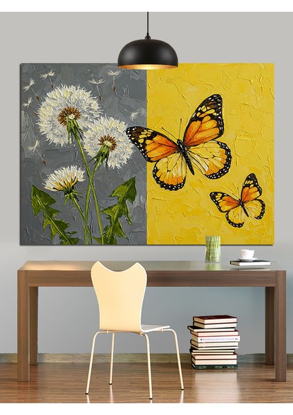 Papatyalar Üzerinde Sarı Kelebek Dekoratif Kanvas - Mdf Ahşap Tablo
