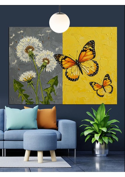 Papatyalar Üzerinde Sarı Kelebek Dekoratif Kanvas - Mdf Ahşap Tablo fiyatları