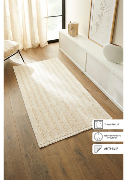 Yıkanabilir Pamuklu Bej Renk Dama Desen Kilim 120 x 180 cm