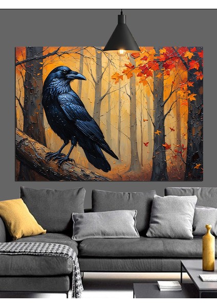 Sonbahar Ormanında Siyah Karga Dekoratif Kanvas - Mdf Ahşap Tablo