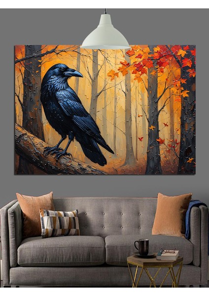 Sonbahar Ormanında Siyah Karga Dekoratif Kanvas - Mdf Ahşap Tablo fiyatları