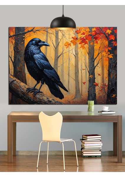 Sonbahar Ormanında Siyah Karga Dekoratif Kanvas - Mdf Ahşap Tablo modelleri