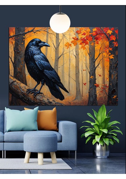 Sonbahar Ormanında Siyah Karga Dekoratif Kanvas - Mdf Ahşap Tablo fırsatları