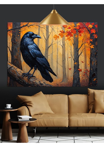 Sonbahar Ormanında Siyah Karga Dekoratif Kanvas - Mdf Ahşap Tablo indirimleri