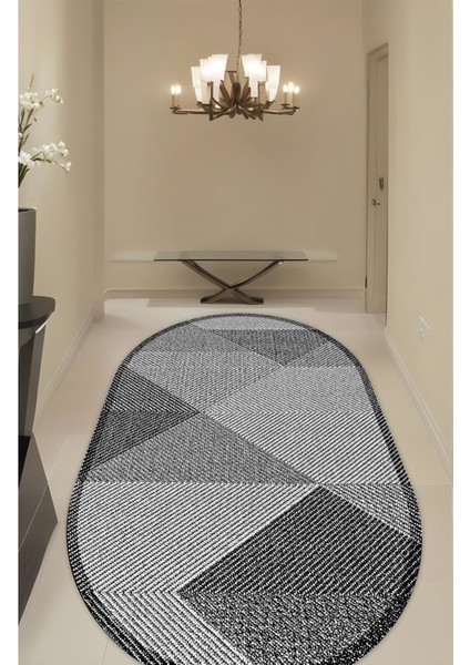 Dijital Baskı Gri Renk Üçgen Piramit Desenli Makinada Yıkanabilir Oval Salon Halısı Yolluk Halısı