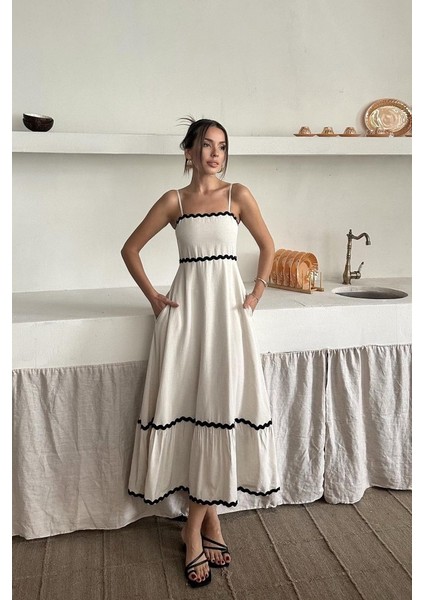 Bej Şerit Detay Keten Elbise fiyatları