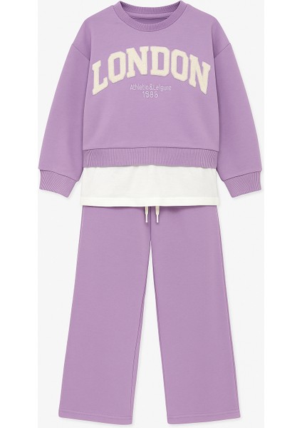 Mor Lila Çocuk Eşofman Takımı – “london” Yazılı Sweatshirt & Alt Eşofman