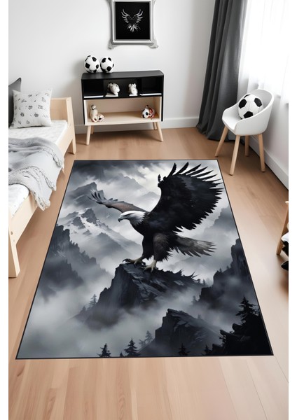 Dijital Baskı Siyah Beyaz Dağ Temalı Kartal Halısı Yıkanabilir Genç Odası Taraftar Halısı