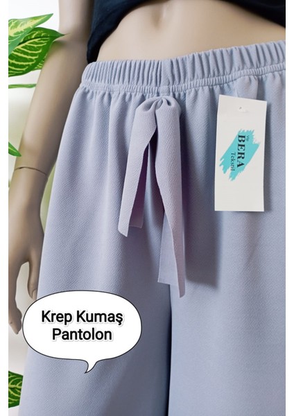 Kadın Gri Dökümlü Krep Kumaş Beli Lastikli Bol Paça Pantolon