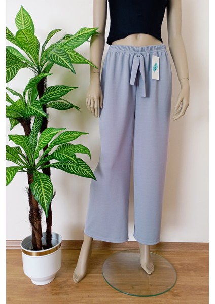 Kadın Gri Dökümlü Krep Kumaş Beli Lastikli Bol Paça Pantolon modelleri