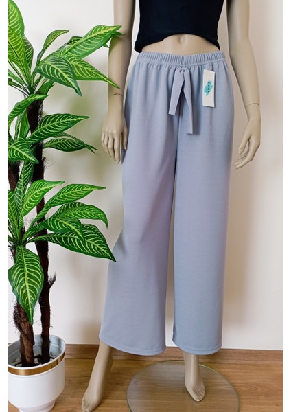 Kadın Gri Dökümlü Krep Kumaş Beli Lastikli Bol Paça Pantolon fırsatları