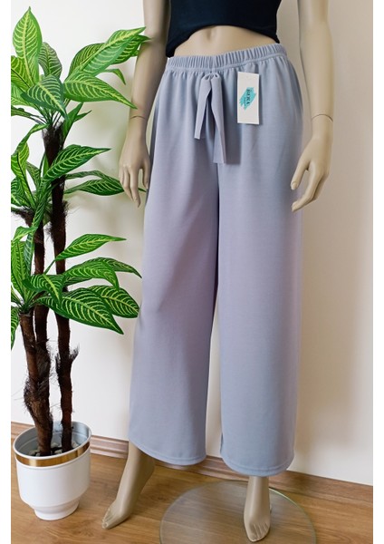 Kadın Gri Dökümlü Krep Kumaş Beli Lastikli Bol Paça Pantolon indirimleri