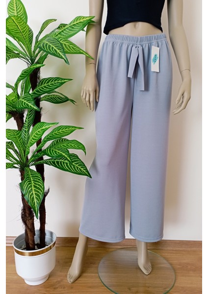 Kadın Gri Dökümlü Krep Kumaş Beli Lastikli Bol Paça Pantolon