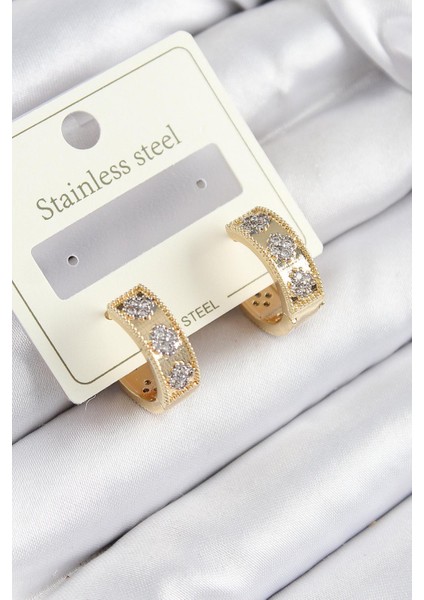 Çelik Zirkon Taşlı Halka Model Gold ve Gümüş Renk Kadın Küpe