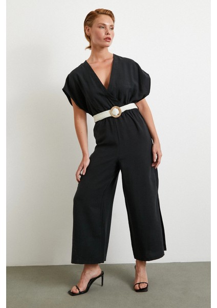 Kemer Detaylı Yarasa Kol Tulum Siyah