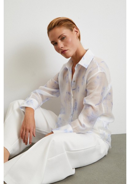 Organze Desenli Tül Gömlek Mavi