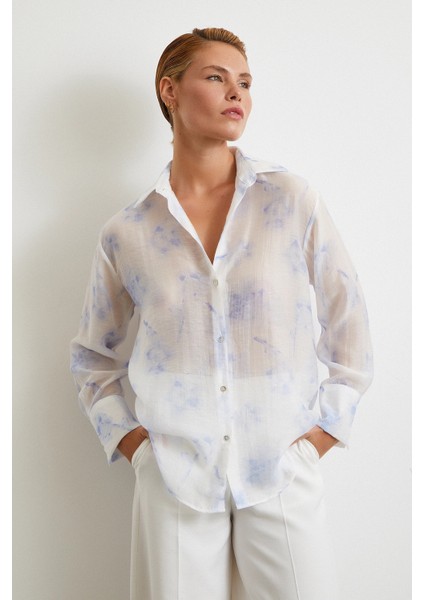 Organze Desenli Tül Gömlek Mavi modelleri