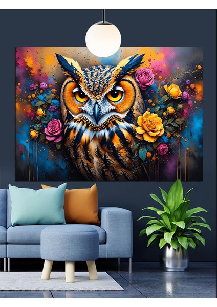 Renkli Çiçekler Arasında Baykuş Dekoratif Kanvas - Mdf Ahşap Tablo