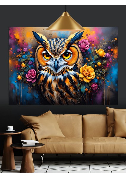 Renkli Çiçekler Arasında Baykuş Dekoratif Kanvas - Mdf Ahşap Tablo fiyatları