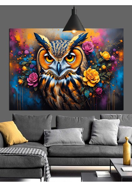 Renkli Çiçekler Arasında Baykuş Dekoratif Kanvas - Mdf Ahşap Tablo modelleri