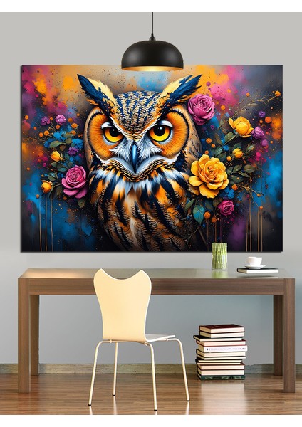 Renkli Çiçekler Arasında Baykuş Dekoratif Kanvas - Mdf Ahşap Tablo indirimleri