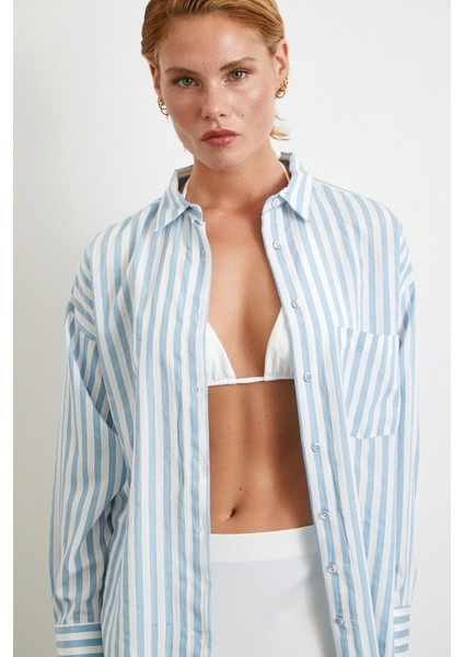Multi Çizgili Cepli Gömlek Mavi modelleri