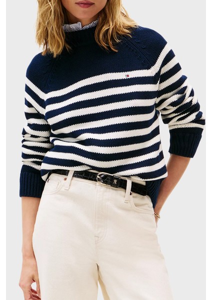 Çizgili Relaxed Fit Yarım Balıkçı Yaka Kazak Bayan Kazak WW0WW46759 0bd