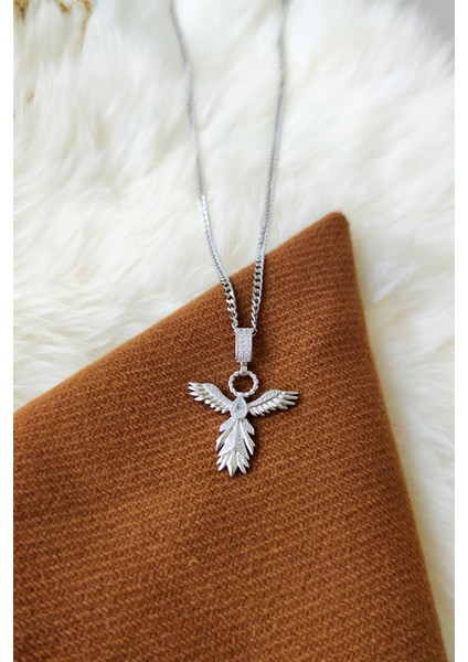 Zirkon Taşlı Anka Kuşu Model Uzun Çelik Kolye 60CM Gümüş