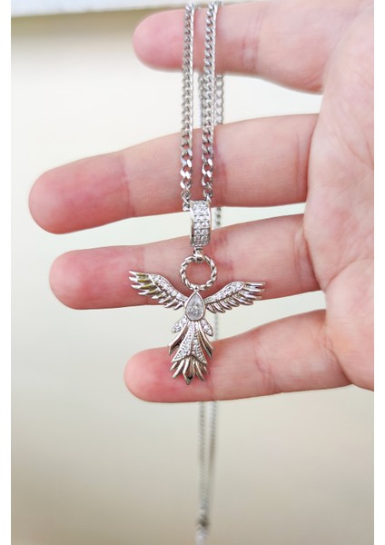 Zirkon Taşlı Anka Kuşu Model Uzun Çelik Kolye 60CM Gümüş modelleri