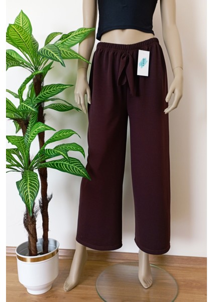 Kadın Kahverengi Dökümlü Krep Kumaş Beli Lastikli Bol Paça Pantolon modelleri