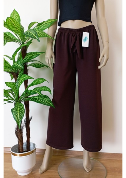 Kadın Kahverengi Dökümlü Krep Kumaş Beli Lastikli Bol Paça Pantolon fırsatları