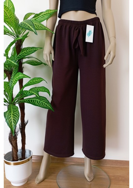 Kadın Kahverengi Dökümlü Krep Kumaş Beli Lastikli Bol Paça Pantolon indirimleri