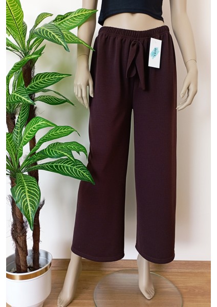 Kadın Kahverengi Dökümlü Krep Kumaş Beli Lastikli Bol Paça Pantolon