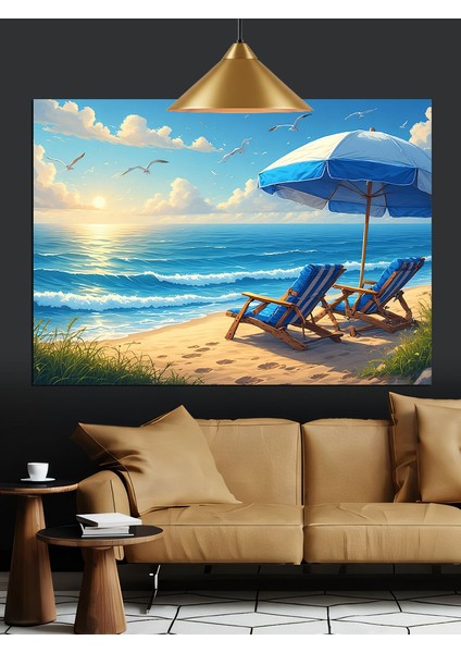 Kumsalda Mavi Şezlong Şemsiye Dekoratif Kanvas - Mdf Ahşap Tablo