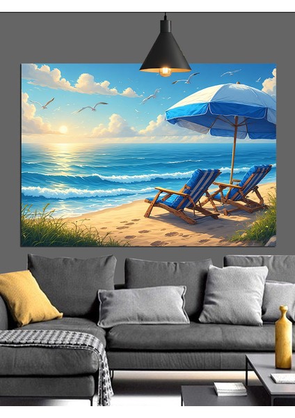 Kumsalda Mavi Şezlong Şemsiye Dekoratif Kanvas - Mdf Ahşap Tablo fiyatları