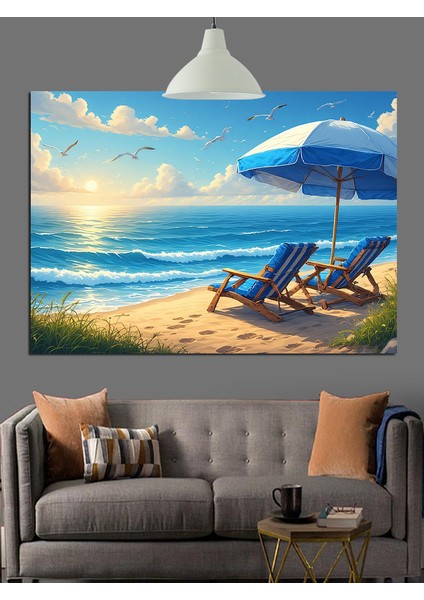 Kumsalda Mavi Şezlong Şemsiye Dekoratif Kanvas - Mdf Ahşap Tablo modelleri