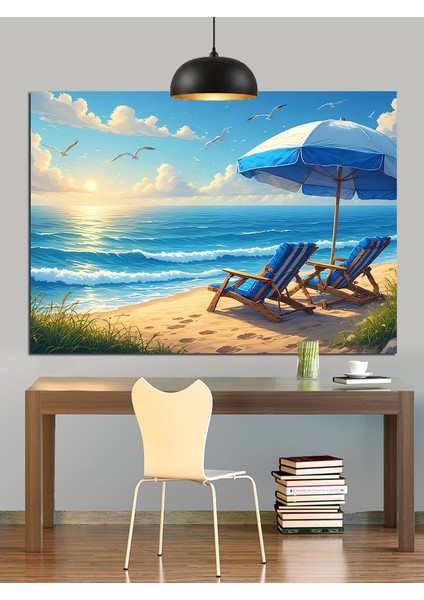 Kumsalda Mavi Şezlong Şemsiye Dekoratif Kanvas - Mdf Ahşap Tablo fırsatları