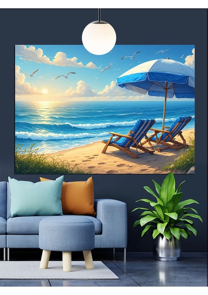 Kumsalda Mavi Şezlong Şemsiye Dekoratif Kanvas - Mdf Ahşap Tablo indirimleri