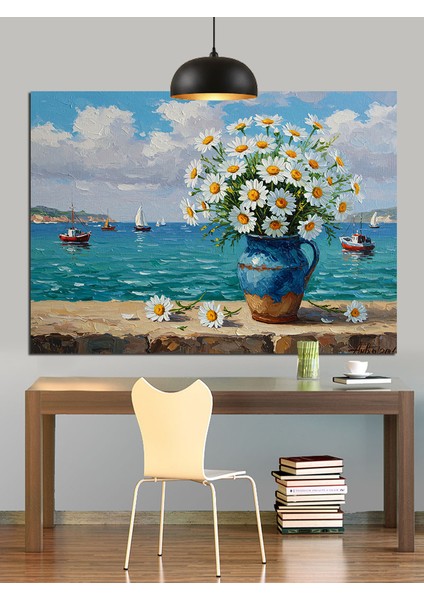 Vazoda Beyaz Papatya Çiçekleri Dekoratif Kanvas - Mdf Ahşap Tablo