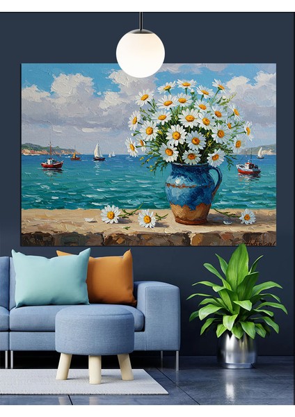 Vazoda Beyaz Papatya Çiçekleri Dekoratif Kanvas - Mdf Ahşap Tablo fiyatları