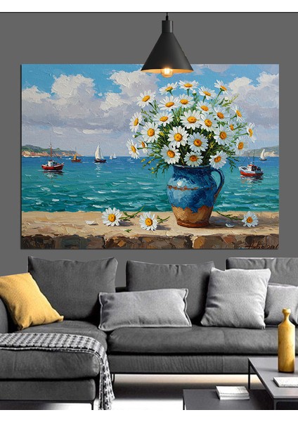 Vazoda Beyaz Papatya Çiçekleri Dekoratif Kanvas - Mdf Ahşap Tablo fırsatları