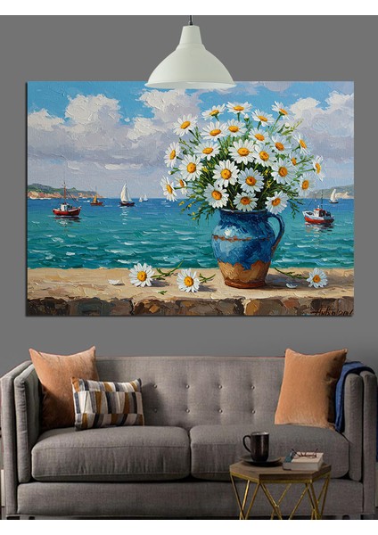 Vazoda Beyaz Papatya Çiçekleri Dekoratif Kanvas - Mdf Ahşap Tablo indirimleri