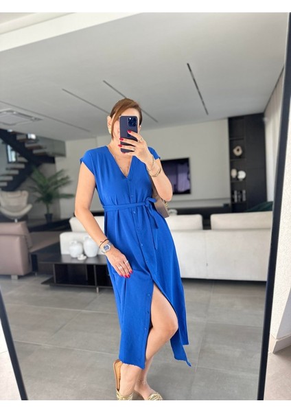 Kadınn V Yaka Düğme Detay Kuşak Dahil Elbise modelleri