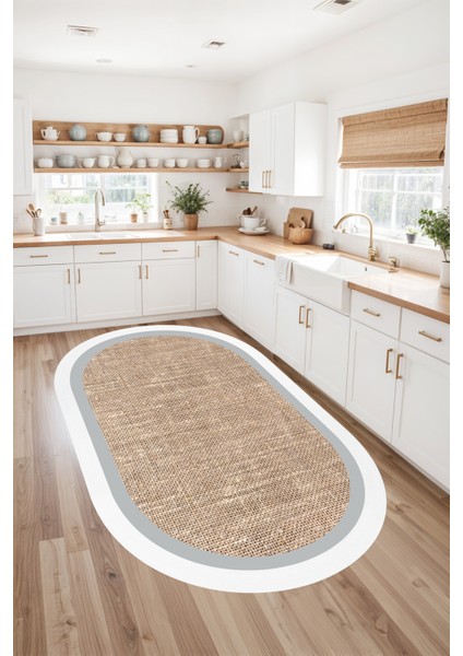 Dijital Baskı Jüt Görünümlü Beyaz Çerçeveli Oval Makinada Yıkanabilir Salon Mutfak Yolluk Halısı